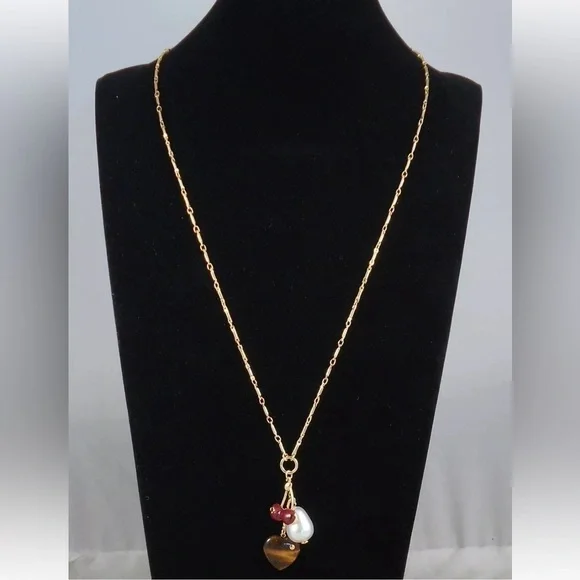 COACH Gold-Tone Charm Pendant Necklace with Cherry, Faux Pearl & Tiger Eye Heart